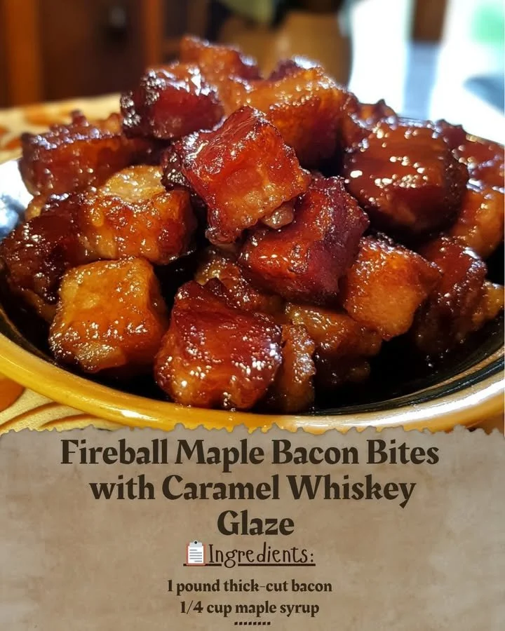 Fireball maple bacon bites topped with caramel whiskey glaze.