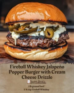 Fireball Whiskey Jalapeño Popper Burger with cream cheese drizzle