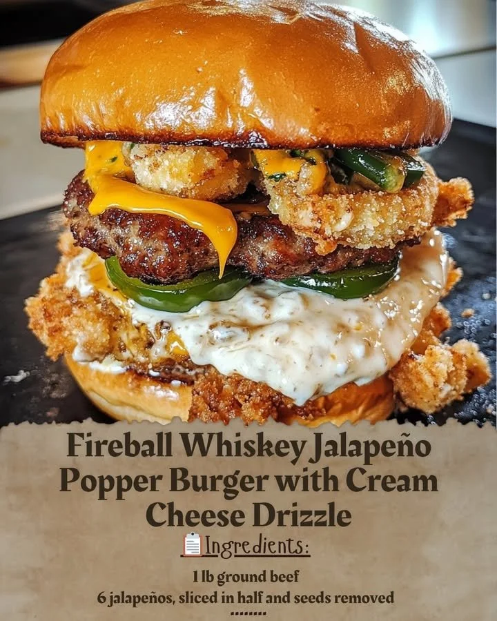Fireball Whiskey Jalapeño Popper Burger with Cream Cheese Drizzle