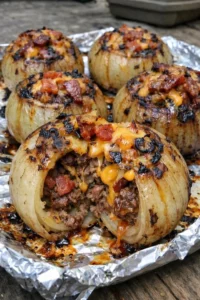 Firecracker Bacon Cheddar Cheeseburger Stuffed Onion Bombs for a spicy meal