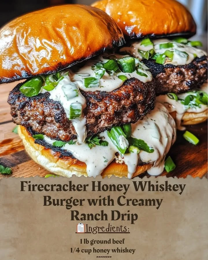 Firecracker Honey Whiskey Burger topped with creamy ranch drizzle