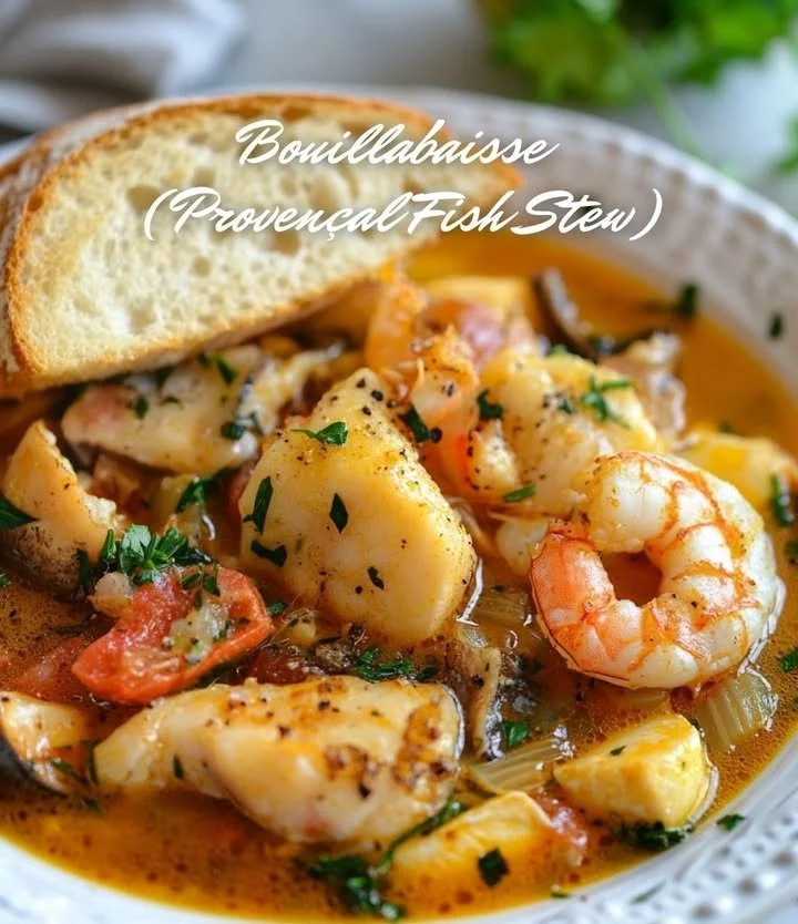 Delicious fish stew served in a bowl with fresh herbs and vegetables
