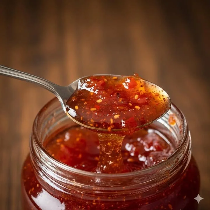 Five Alarm Apple Hot Pepper Jam jar with spicy ingredients