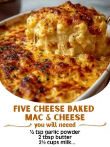 Five Cheese Baked Macaroni and Cheese dish topped with golden breadcrumbs