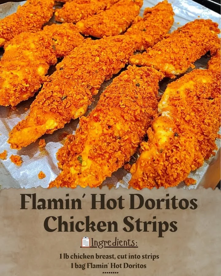 Flamin' Hot Doritos chicken strips served on a plate with dipping sauce