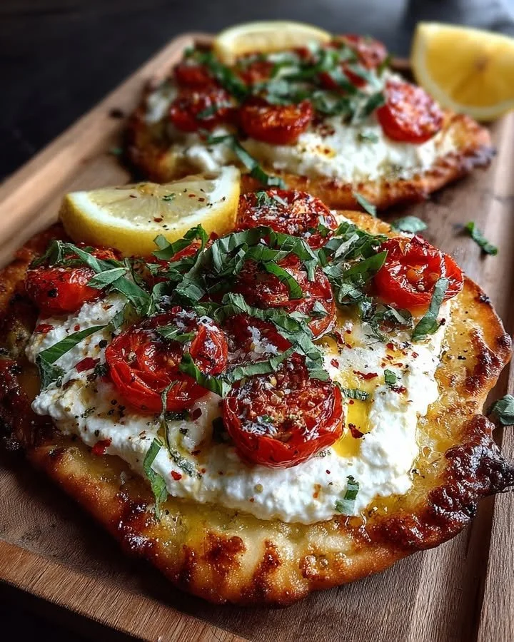 Flatbread pizza with ricotta, lemon, and cherry tomatoes on a wooden table