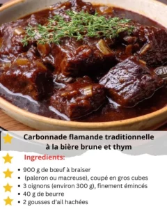 A bowl of delicious Flemish beef stew garnished with fresh herbs