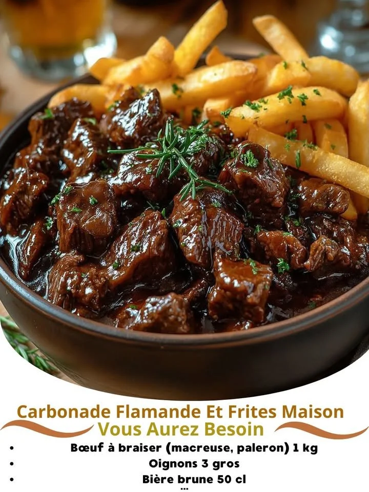 Serving of Flemish Carbonade with crispy homemade fries