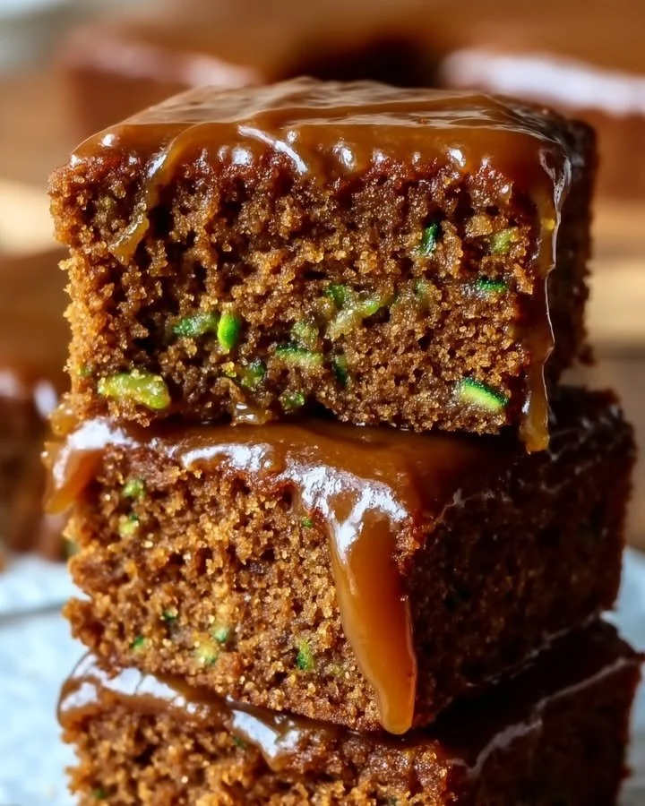 Flourless gingerbread zucchini cake with spices and frosting on a plate.