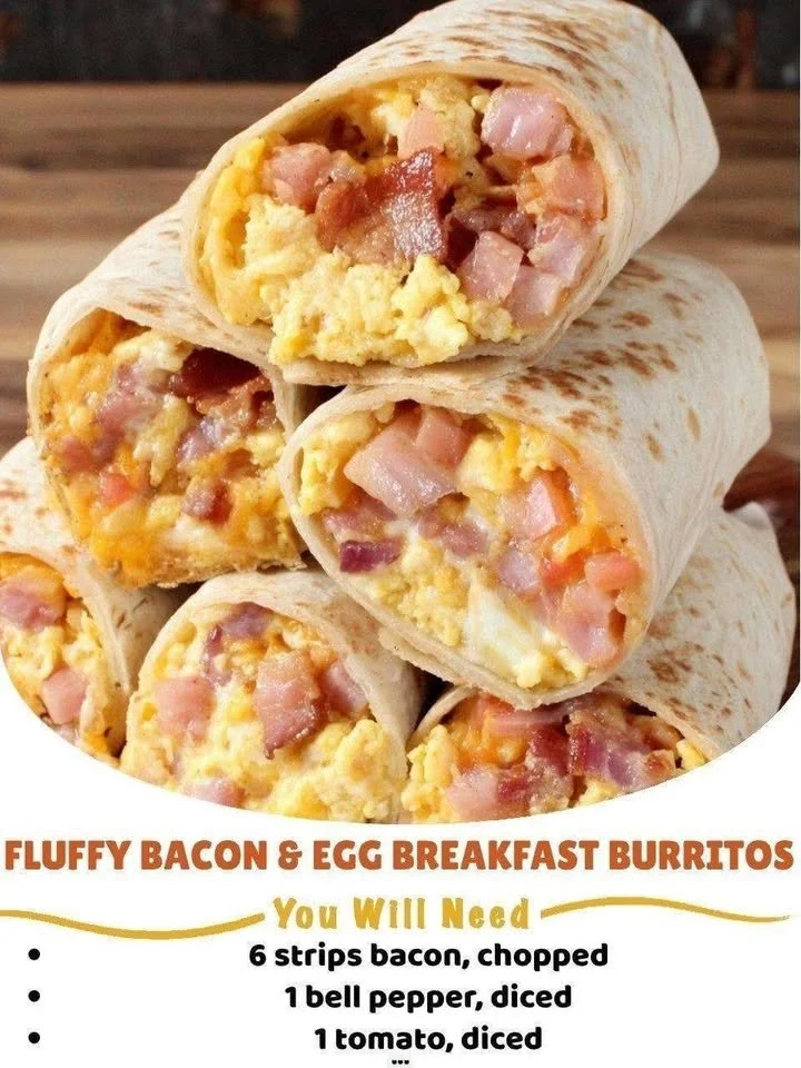 Fluffy bacon and egg breakfast burritos on a plate