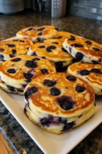 Stack of fluffy blueberry pancakes topped with fresh blueberries and syrup