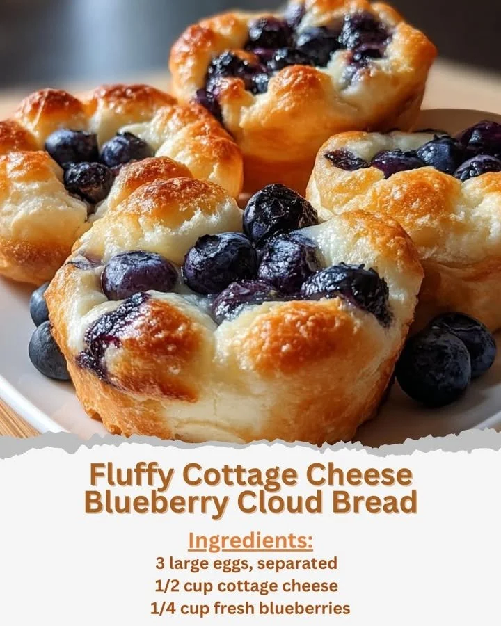 Fluffy cottage cheese blueberry cloud bread on a plate