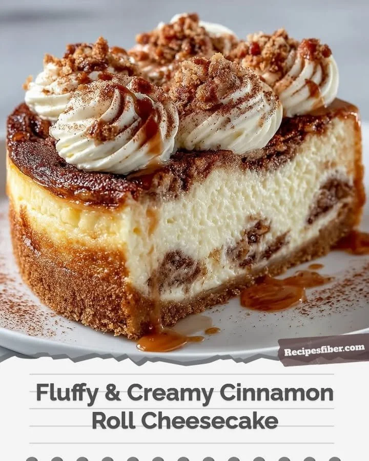 Fluffy and creamy cinnamon roll cheesecake topped with cinnamon and icing