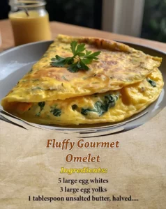 Fluffy gourmet omelet with fresh vegetables and herbs on a plate