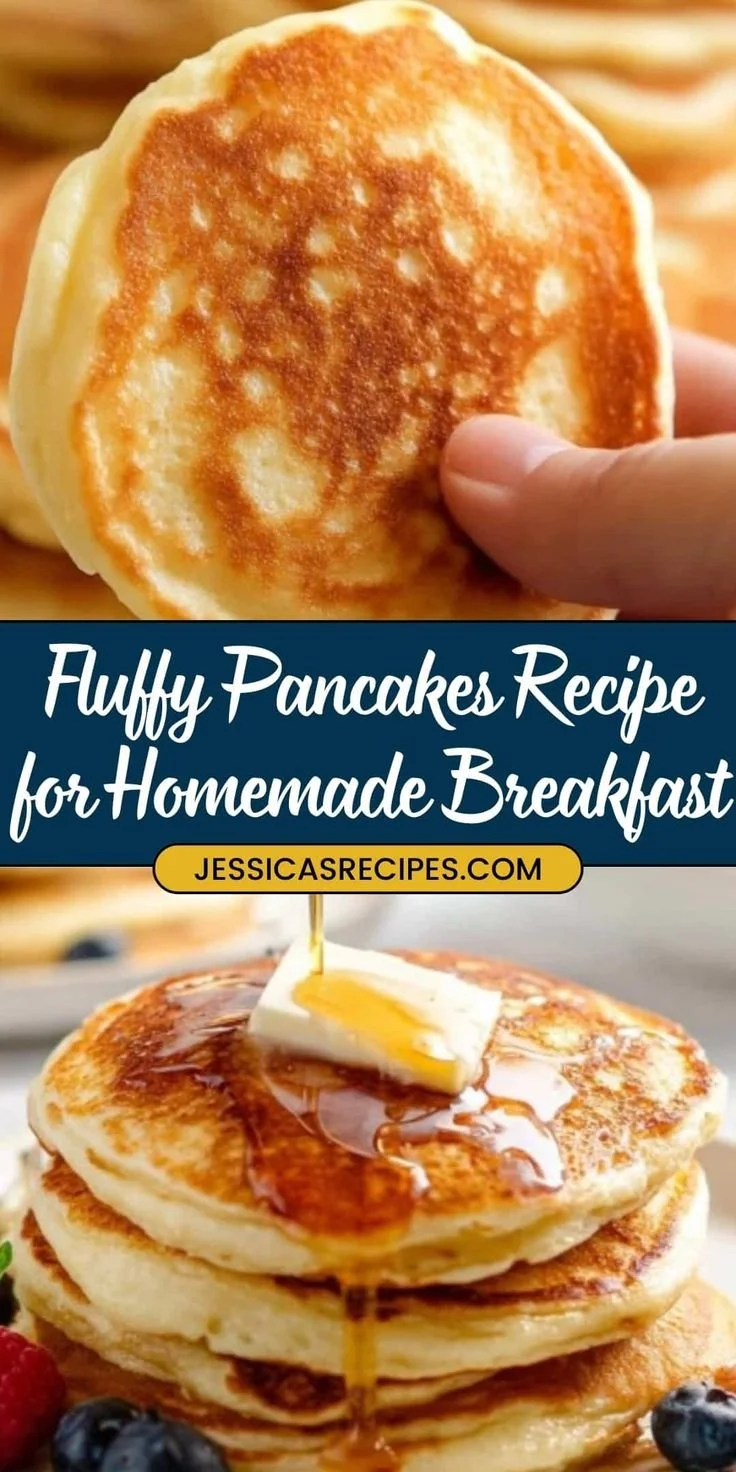 Delicious fluffy pancakes topped with syrup and fresh berries