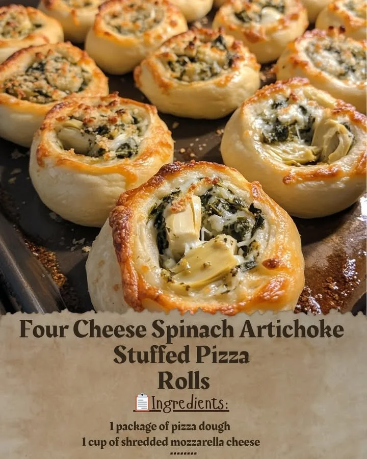 Delicious four cheese spinach artichoke stuffed pizza rolls on a wooden platter