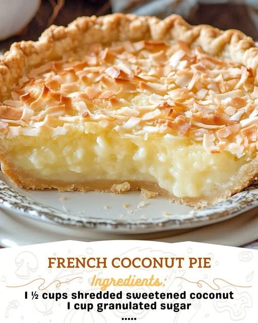 Delicious slice of French Coconut Pie on a plate with coconut flakes on top.