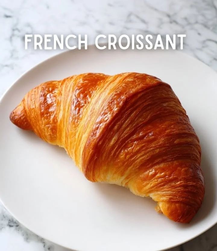 Freshly baked French croissant on a rustic wooden table