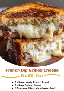 Delicious French Dip Grilled Cheese sandwich with melted cheese and roast beef