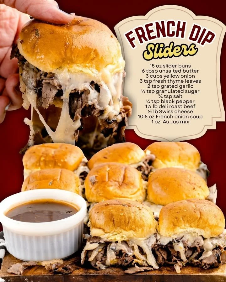 Delicious French Dip Sliders with roast beef and au jus dipping sauce