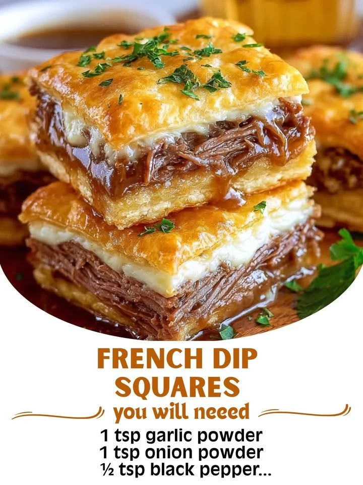 Plate of French Dip Squares served with au jus for dipping