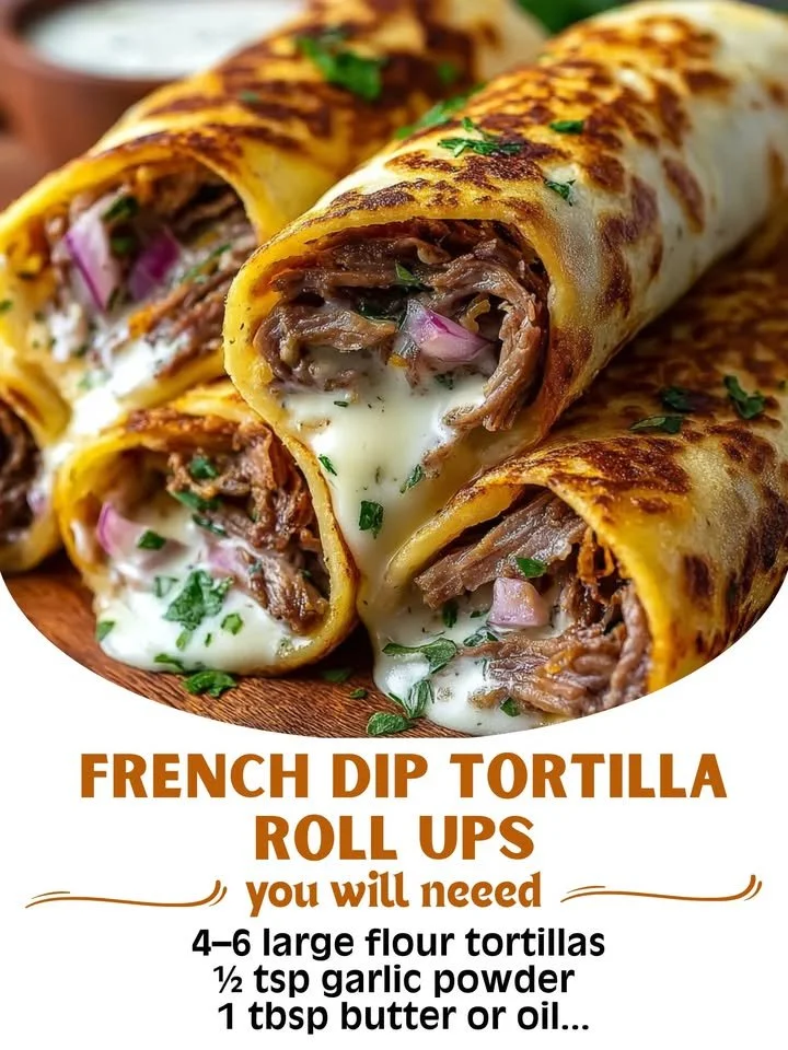 French Dip Tortilla Roll-Ups filled with savory beef and melted cheese