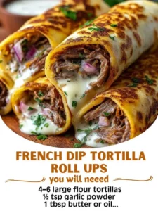 Delicious French Dip Tortilla Roll-Ups served with au jus for dipping