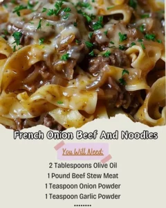 Serving of French onion beef and noodles in a bowl