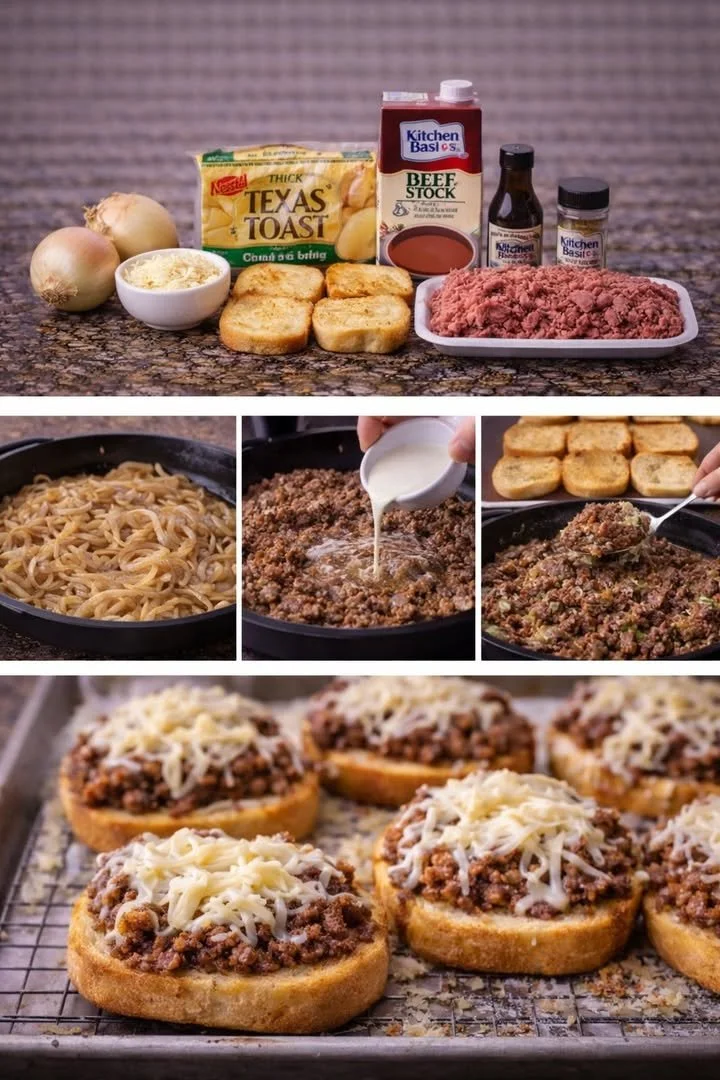 Plate of French Onion Beef Sloppy Joes served on garlic bread garnished with herbs