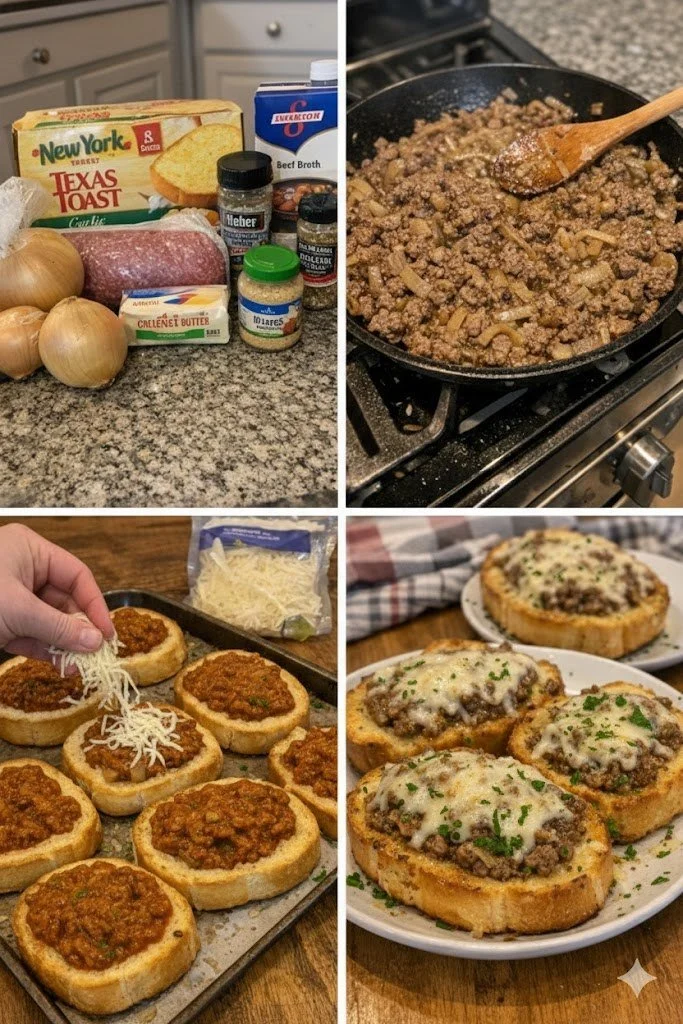 French Onion Beef Sloppy Joes on crispy garlic bread with melted cheese