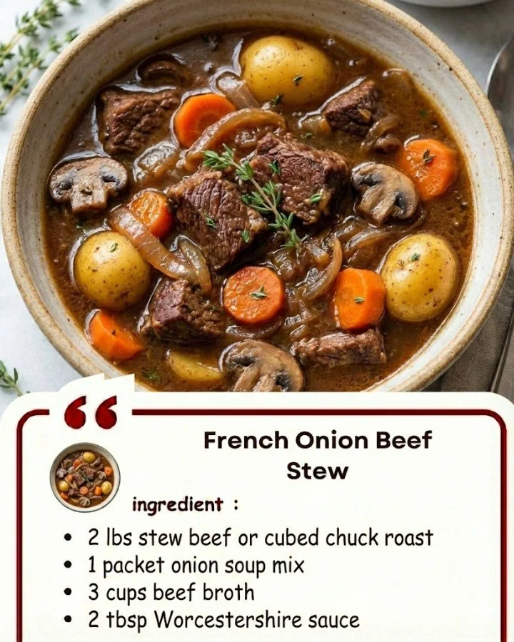 Delicious French onion beef stew served in a rustic bowl