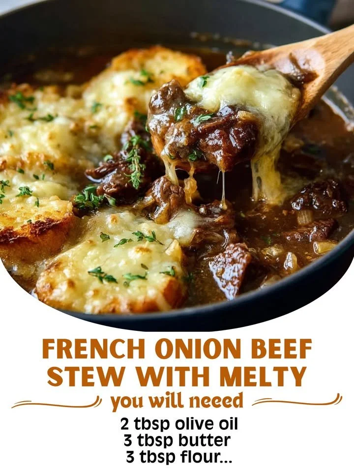 French Onion Beef Stew topped with Gruyère-style cheese