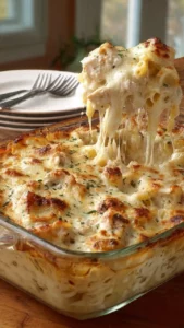 French Onion Chicken Bake topped with melted cheese and caramelized onions