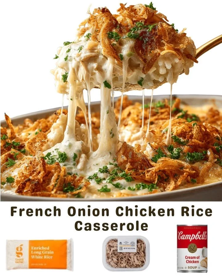 Delicious French Onion Chicken Rice Casserole topped with cheese and herbs