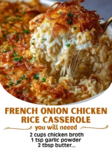 Delicious French Onion Chicken Rice Casserole topped with melted cheese