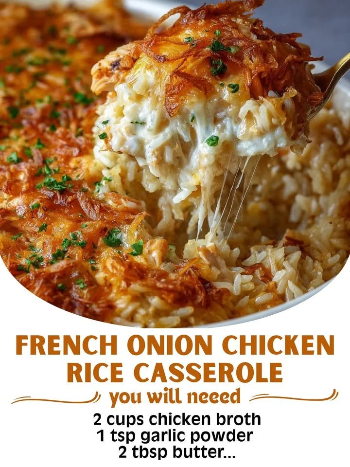 Delicious French Onion Chicken Rice Casserole topped with melted cheese