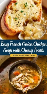 Bowl of French onion chicken soup topped with melted cheese and croutons
