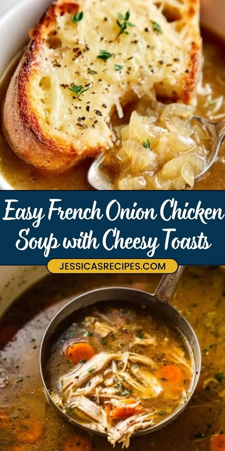 Bowl of French onion chicken soup topped with melted cheese and croutons
