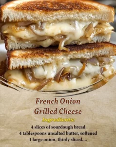 Delicious French onion grilled cheese sandwich with melted cheese and caramelized onions
