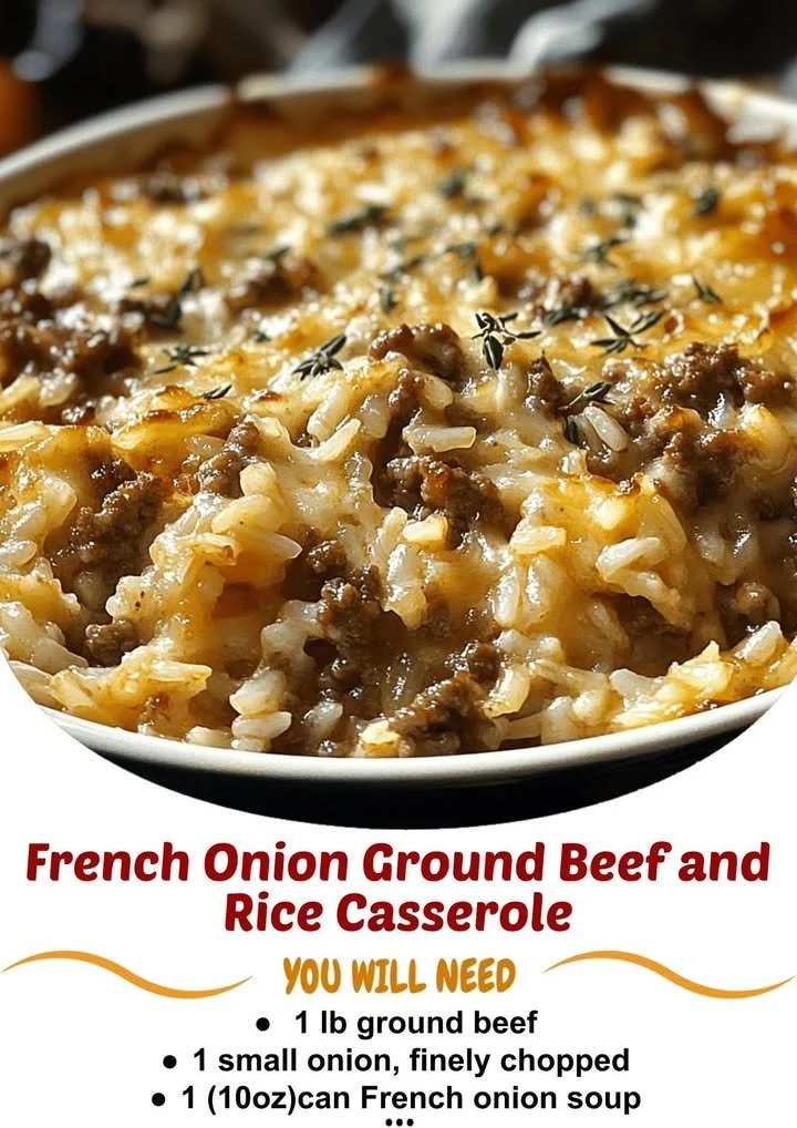 Delicious French Onion Ground Beef and Rice Casserole served in a dish