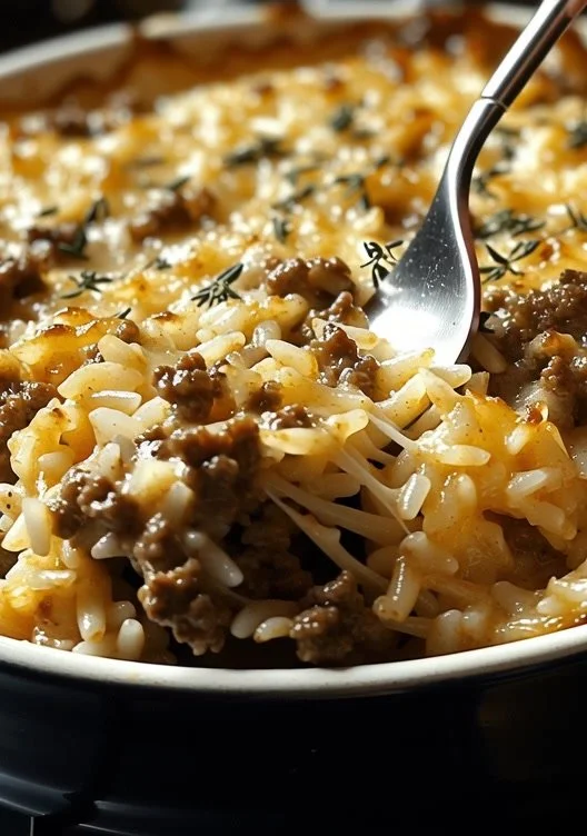 Delicious French onion casserole featuring ground beef and rice topped with cheese