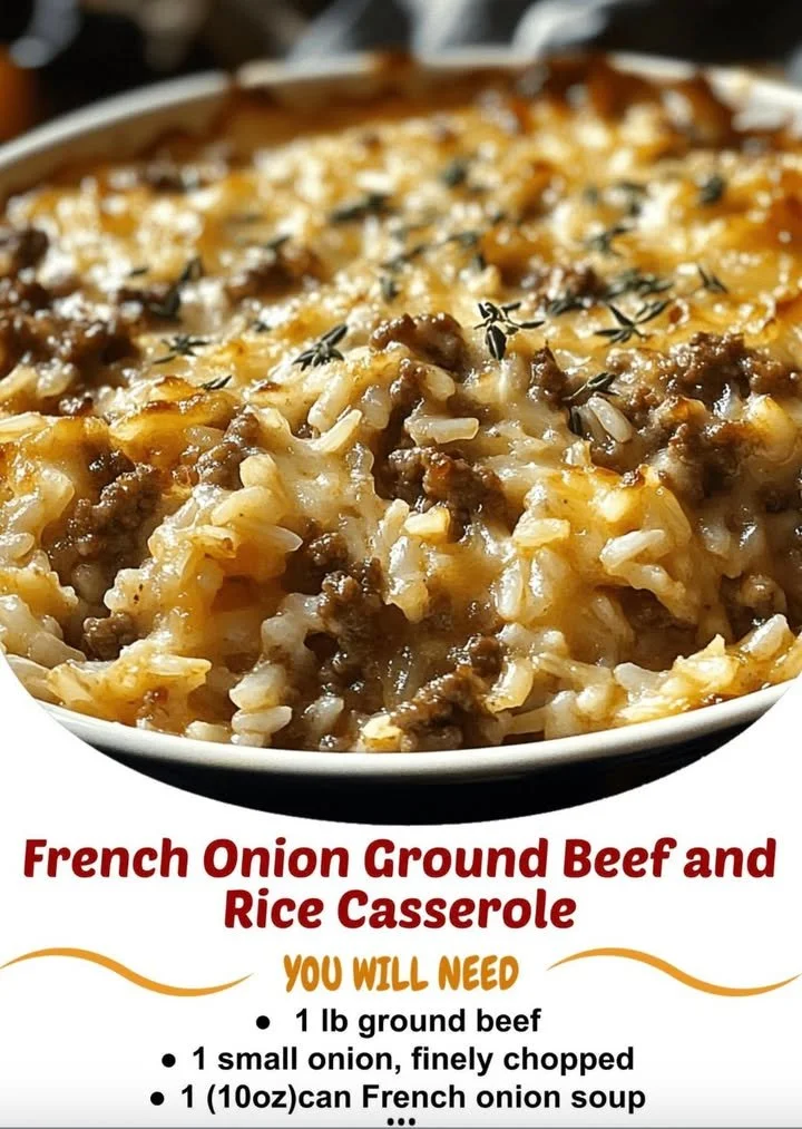 French Onion Casserole with ground beef and rice on a plate