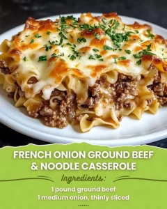 Delicious French Onion Ground Beef and Noodle Casserole served in a bowl