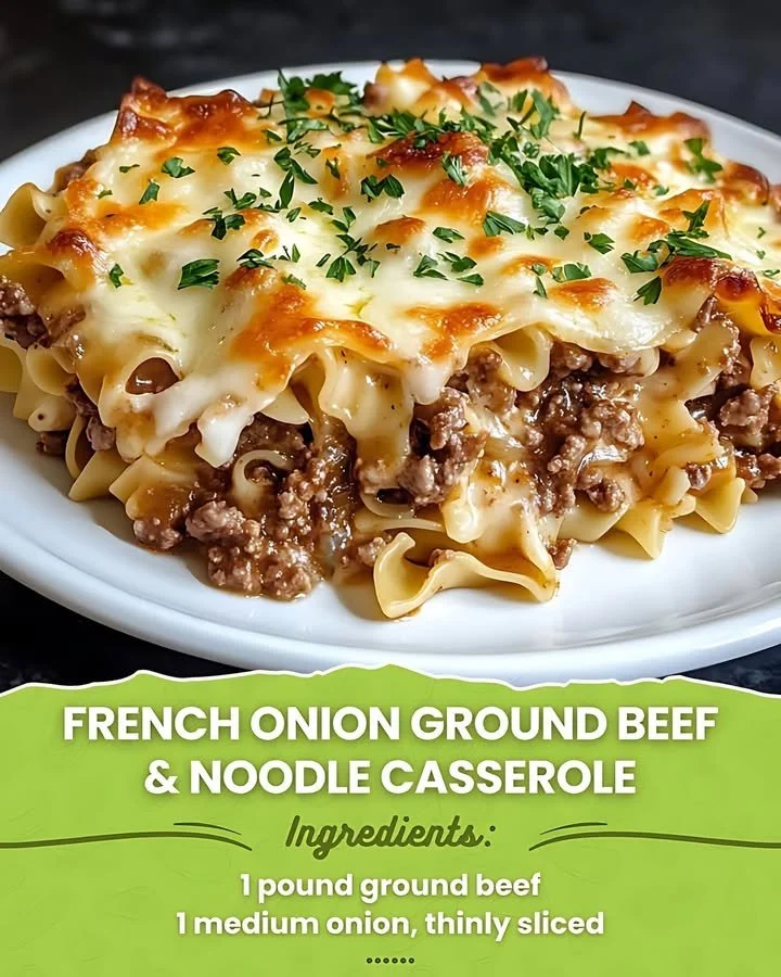 Delicious French Onion Ground Beef and Noodle Casserole served in a bowl