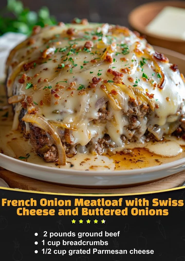 Delicious French onion meatloaf topped with Swiss cheese and buttered onions