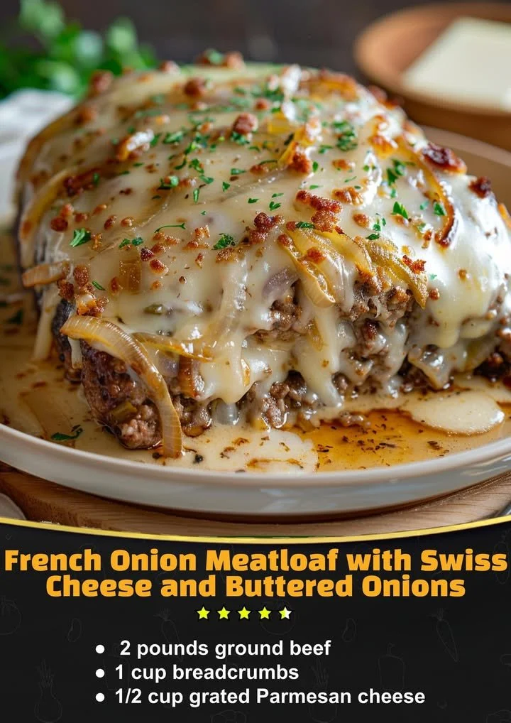 French Onion Meatloaf topped with Swiss cheese and buttered onions for a flavorful dish