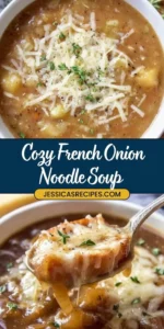 Bowl of French Onion Noodle Soup topped with melted cheese and fresh herbs