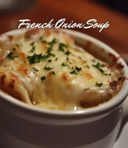 Bowl of rich French Onion Soup topped with melted cheese and fresh herbs