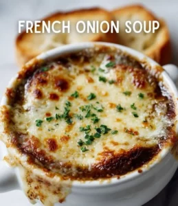 Delicious bowl of French Onion Soup with melted cheese and crusty baguette