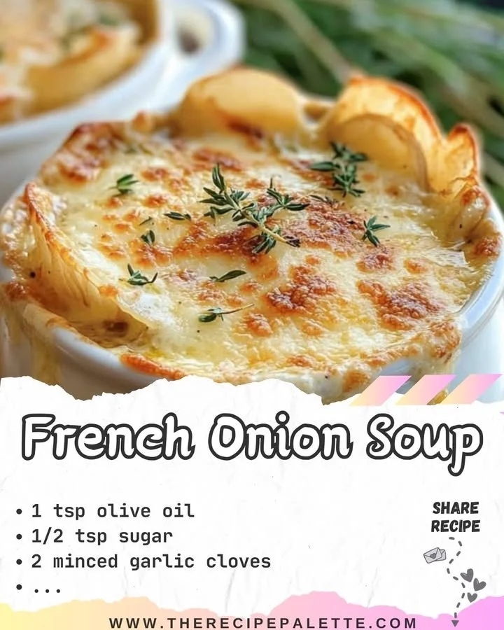 Bowl of delicious homemade French Onion Soup with melted cheese on top.